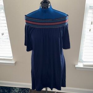 Off-Shoulder Navy Dress with Patterned Trim